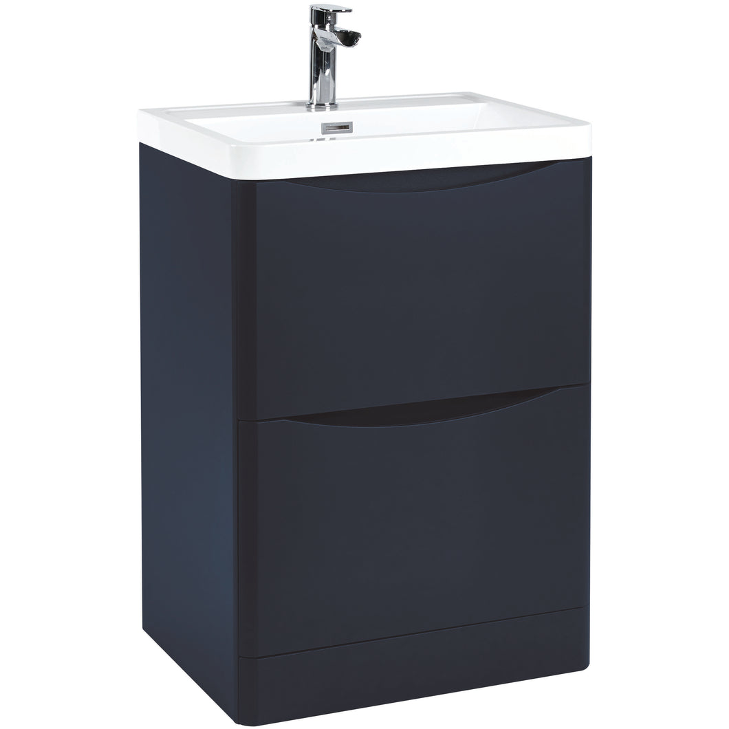 Scudo Bella 600 Handless Floor Cabinet with Basin. 2 Drawer Soft Close - Indigo Blue