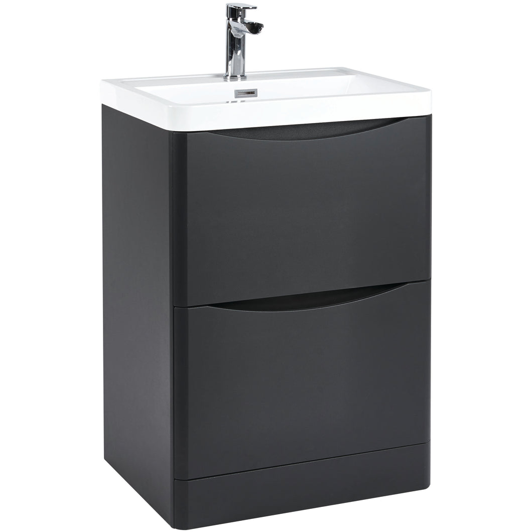 Scudo Bella 600 Handless Floor Cabinet with Basin. 2 Drawer Soft Close - Matt Grey