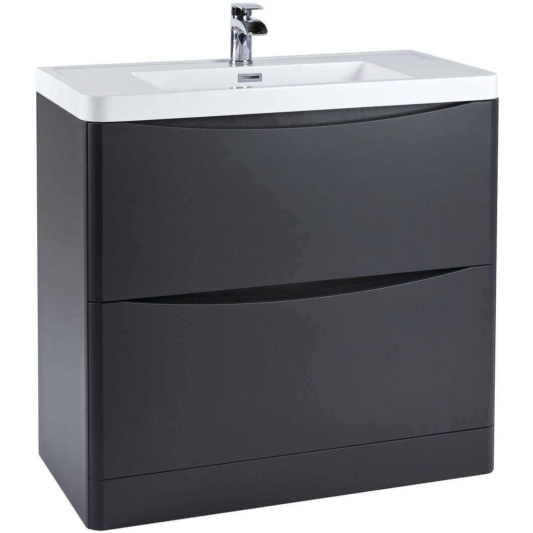 Scudo Bella 900 Handless Floor Cabinet with Basin. 2 Drawer Soft Close - Matt Grey