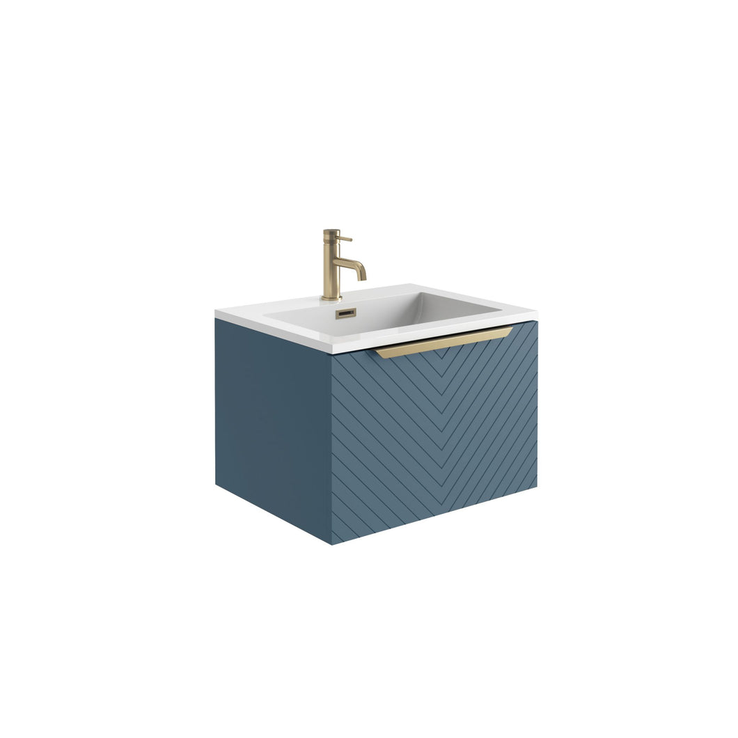Blue Chevron Wall Hung Vanity/Basin Brushed Brass Frame and Brushed Brass Mono Tap
