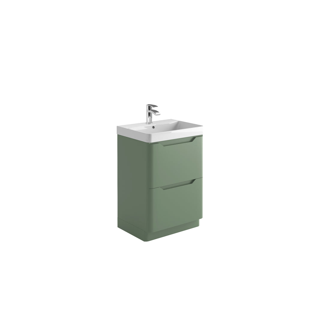 Ella 600mm Handless Floor Cabinet with Ceramic Basin. 2 Drawer Soft Close - Green