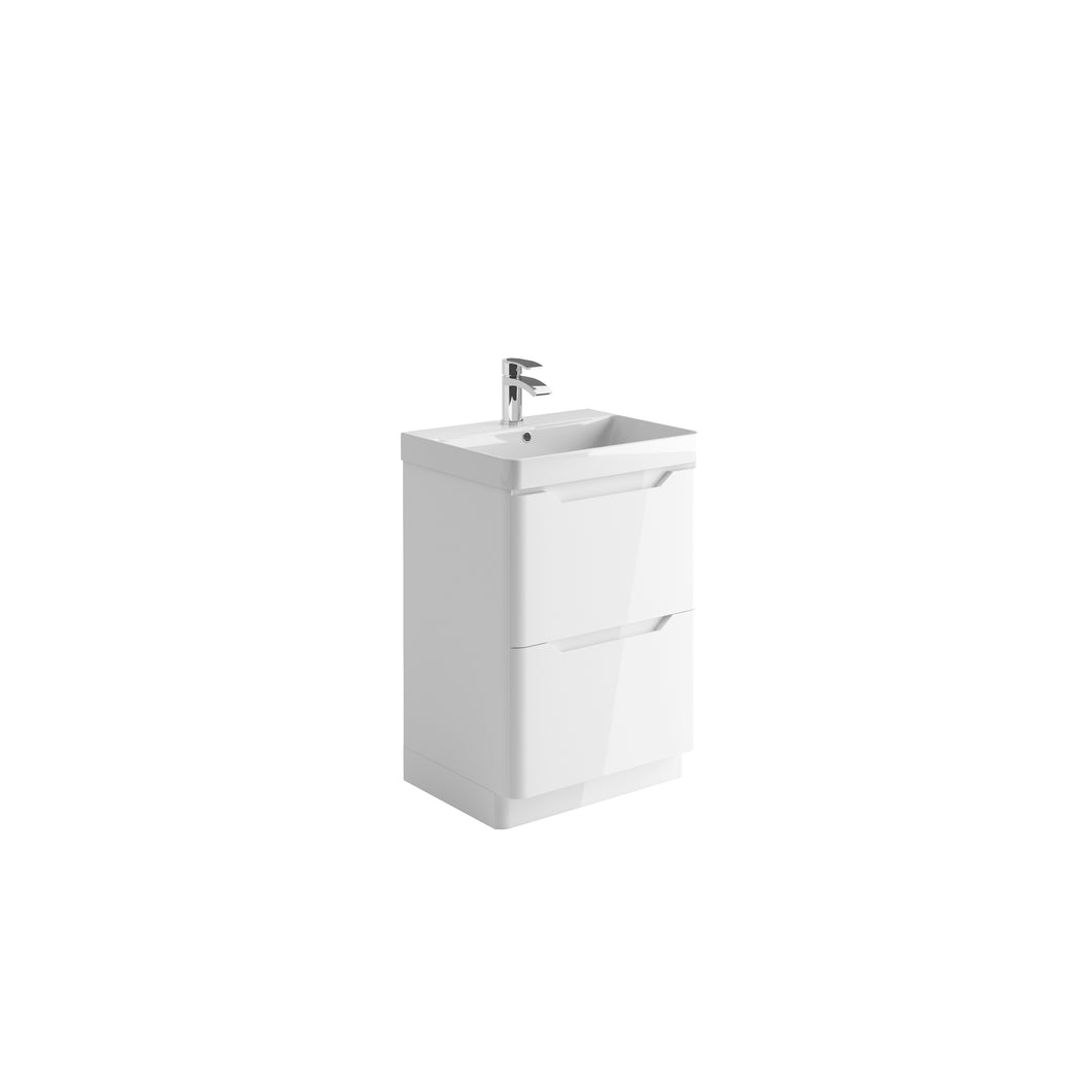 Ella 600mm Handless Floor Cabinet with Ceramic Basin. 2 Drawer Soft Close - White