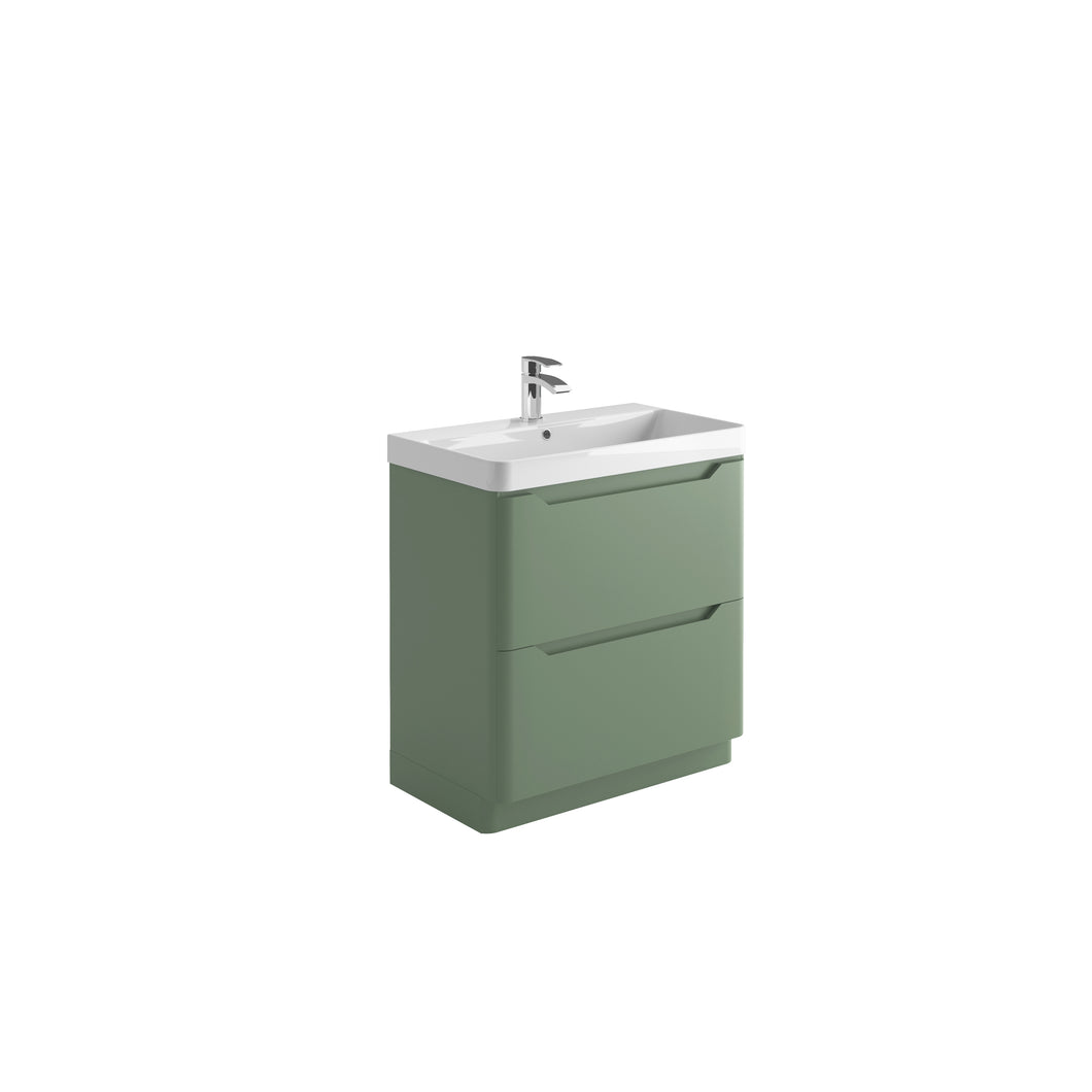 Ella 800mm Handless Floor Cabinet with Ceramic Basin. 2 Drawer Soft Close - Green