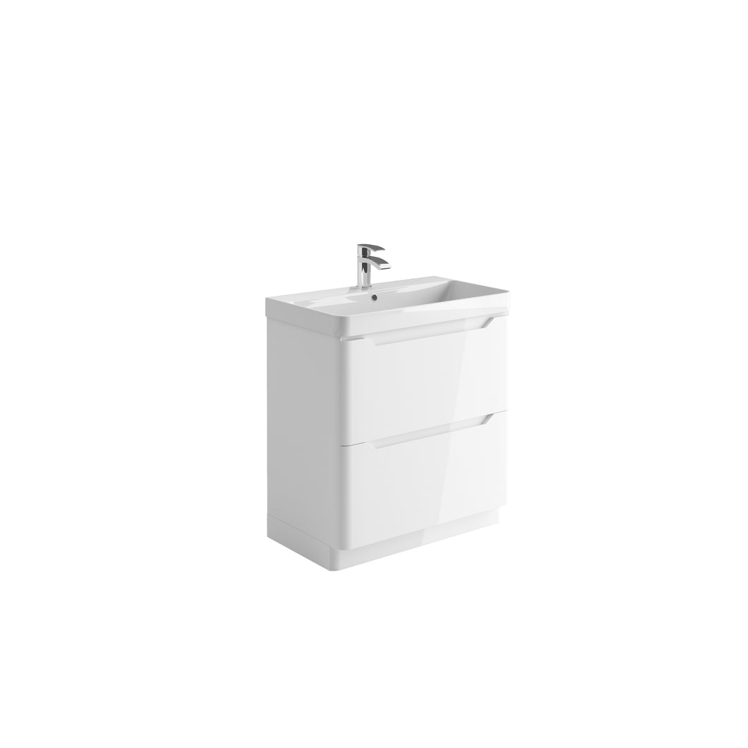 Ella 800mm Handless Floor Cabinet with Ceramic Basin. 2 Drawer Soft Close - White
