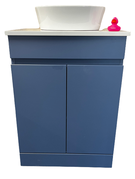 Vares-A Sovereign 600mm 2 Door Handless Bathroom Vanity Unit & Solid Counter & Bowl - Blue