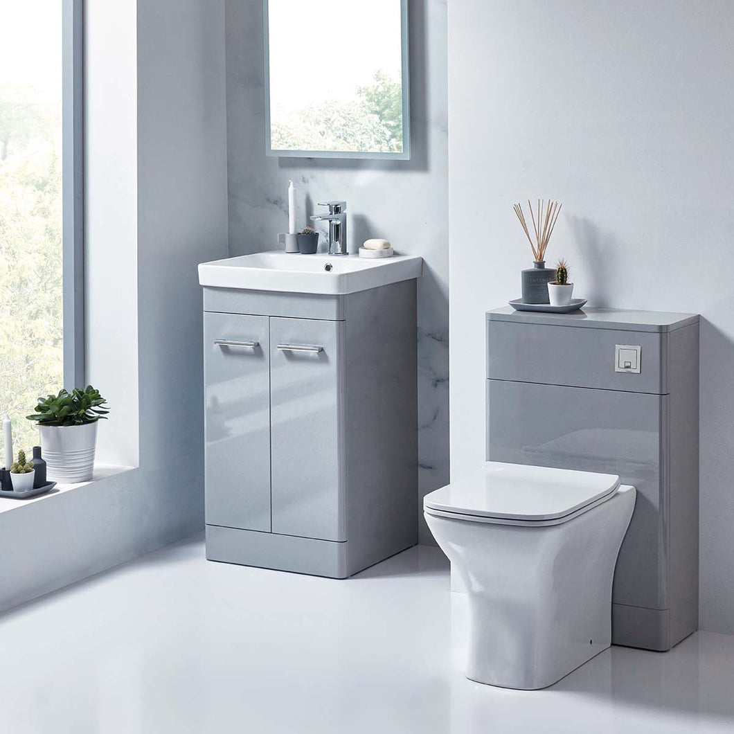 Eve Bathroom Set: 500mm Bathroom Vanity Floor Unit Cabinet with Basin, 500mm WC Unit, Cistern Pack Square Chrome Button, Nix BTW Pan/Seat - Pebble Grey