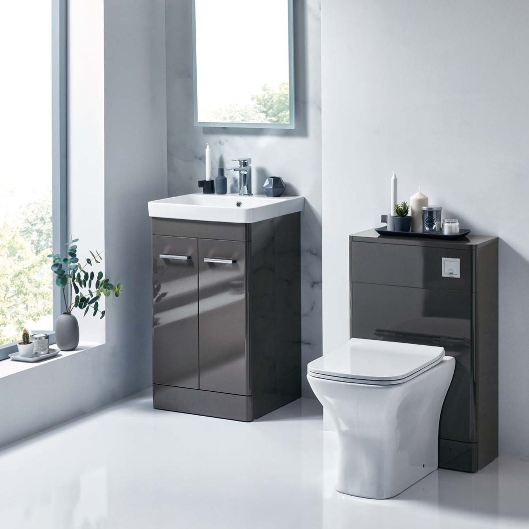 Eve Bathroom Set: 500mm Bathroom Vanity Floor Unit Cabinet with Basin, 500mm WC Unit, Cistern Pack Square Chrome Button, Nix BTW Pan/Seat - Dark Grey