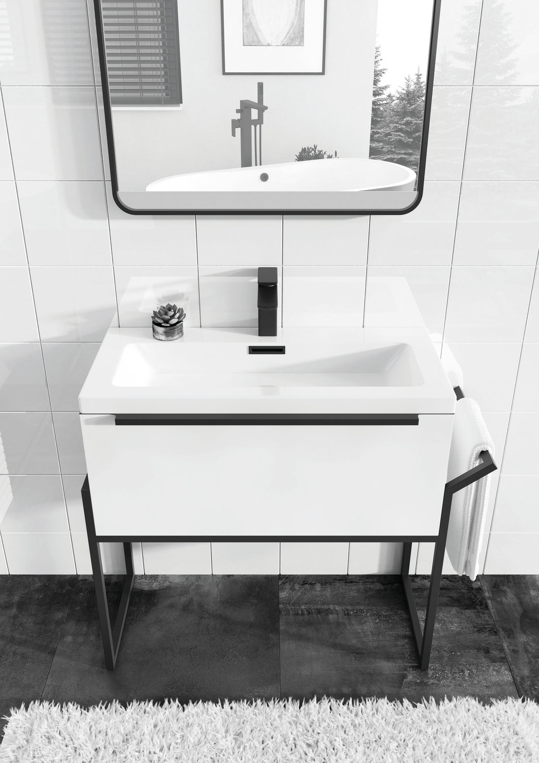 Mono Black 500, 600 or 800mm Rectangular Basin Freestanding Bathroom Vanity Floor Mounted with Black Tap