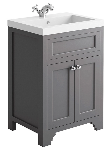 Freshwater Ley 60cm Traditional Bathroom Furniture Floor Vanity Cabinet & Ceramic Basin - Dark Grey
