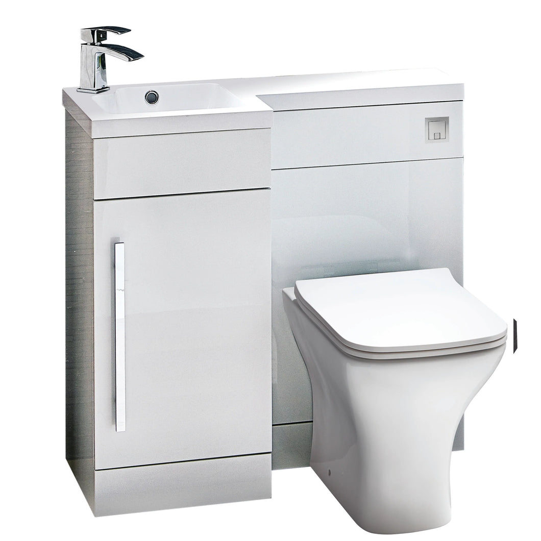 Complete Combination Set: Lili 900mm L Shape Furniture Pack Bathroom Unit, Basin, BTW Pan, Cistern Pack, Chrome Tap - Gloss White