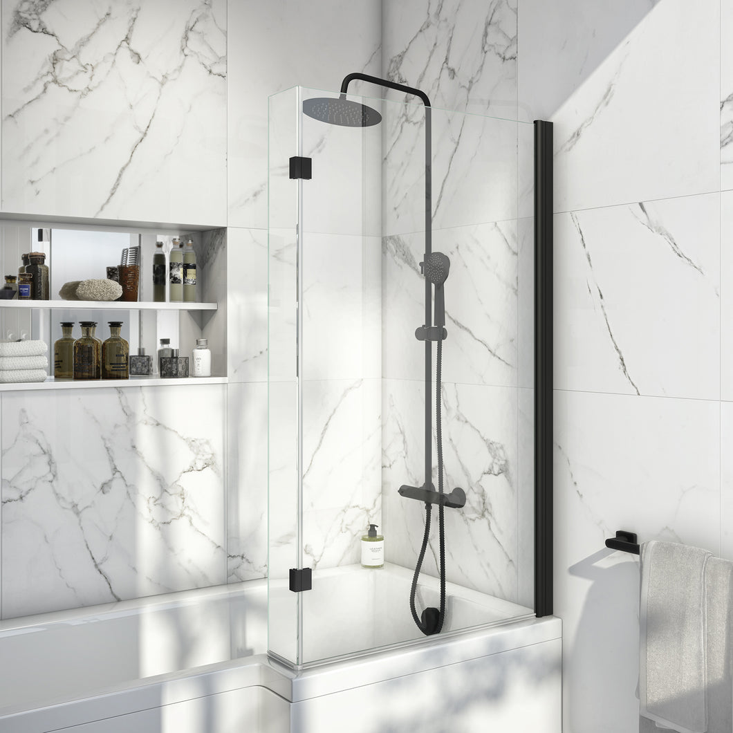 Vares-A 1700 L Shape Shower Baths. Bath, Panel, Black Glass Screen & Blk Waste.   (Not Trojan)