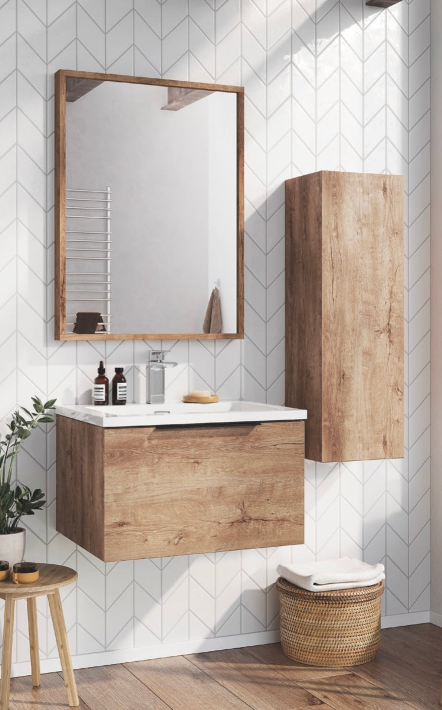 Scudo Ambience 600mm Wall Hung LED Cabinet Vanity, Basin, Mirror, Frame & Tallboy - Rustic Oak