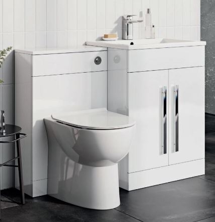 Bathroom Furniture Suite. Lili Bathroom 2 Door Vanity Unit, Basin, Denza Sq BTW, Seat & WC Unit with Cistern Pack - White Gloss