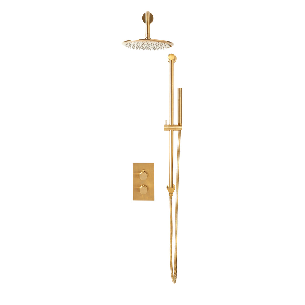 Desire Bathroom Knurled Concealed Shower Valve with Rigid Riser & Handset - Brushed Brass