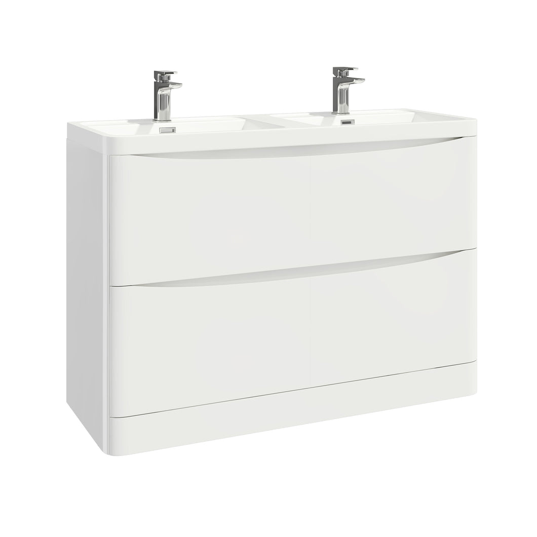 Scudo Bella 1200 Handless Floor Cabinet with Double Basin. 2 Drawer Soft Close - White Gloss