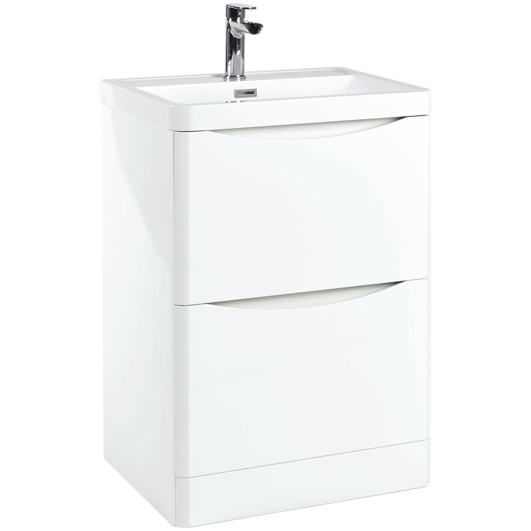 Scudo Bella 600 Floor Cabinet with Basin. 2 Drawer Soft Close - White Gloss