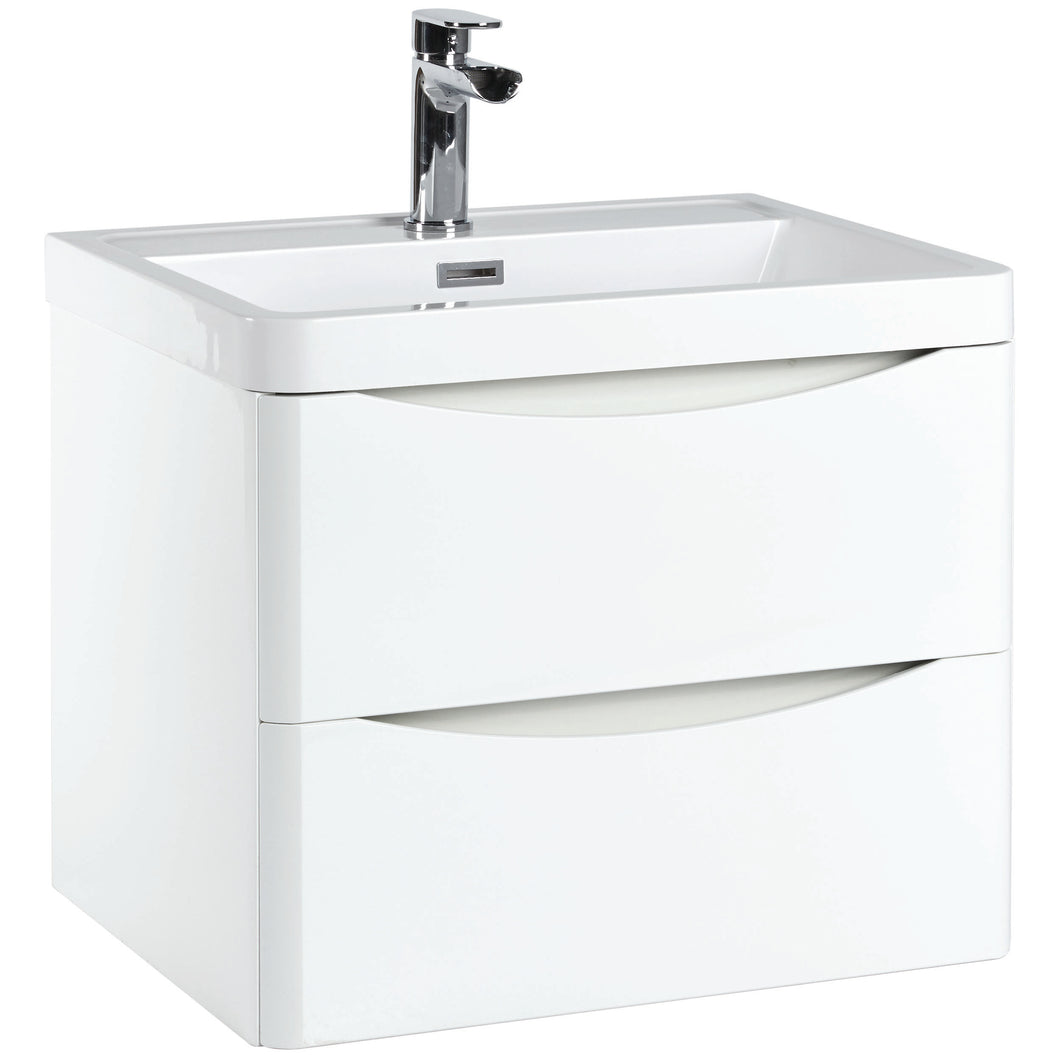 Bella 600mm Wall Hung Bathroom Vanity & Basin. 2 Drawer - White Gloss
