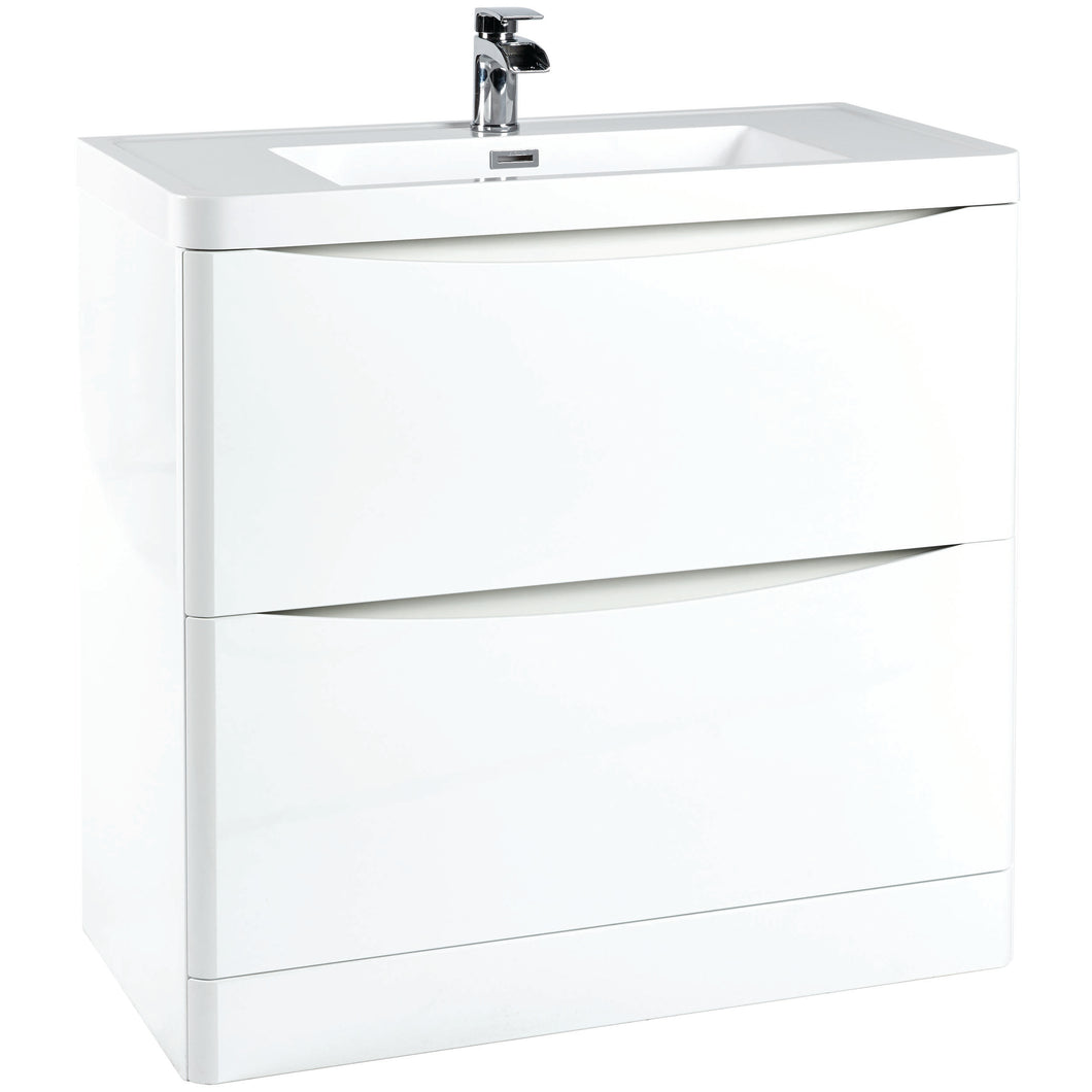 Scudo Bella 900 Handless Floor Cabinet with Basin. 2 Drawer Soft Close - White Gloss