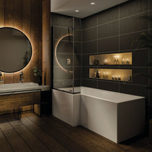Load image into Gallery viewer, Bathroom Furniture Suite.  Square 1700 L Shape Bath, 600 Vanity &amp; Basin, Shower, Taps, Toilet - White Gloss
