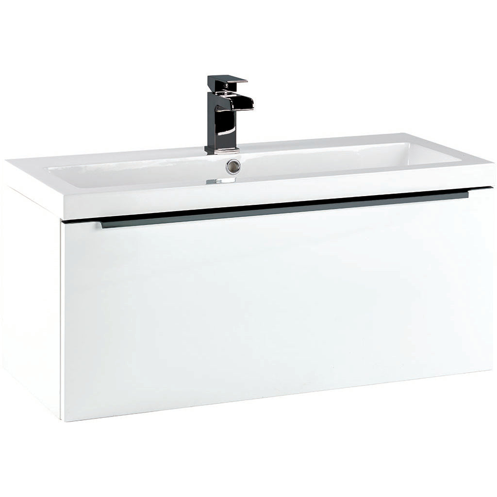 Supreme 800mm Bathroom Door Wall Hung Shallow Depth Vanity - Gloss White - Black Handle