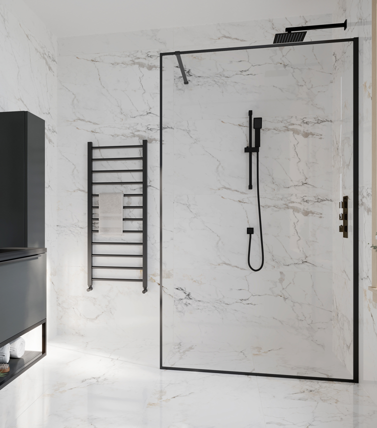 10mm Framed Single Wetroom Black Panel with Support Arm. 700mm-1200mm Optional 300mm Swivel Panel