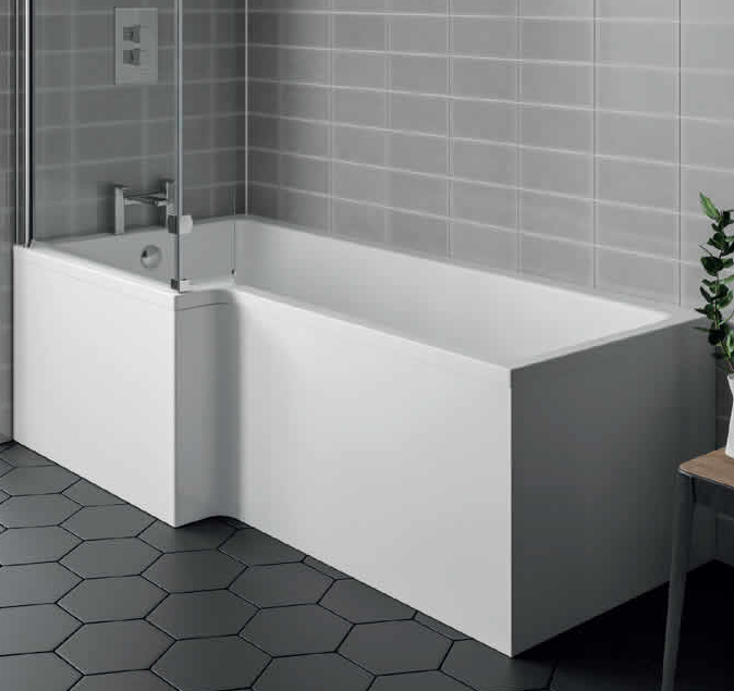 Bathroom Furniture Suite.  Square 1700 L Shape Bath, 600 Vanity & Basin, Shower, Taps, Toilet - White Gloss