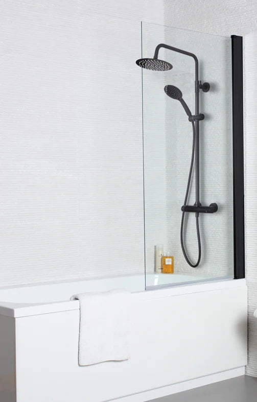 Square Black - Bathroom Suite. Single End Bath 1700 x 700mm, 600mm Vanity & Basin, WC & Seat, Chrome Shower, Taps