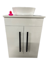 Load image into Gallery viewer, Lilibeth 600mm 2 Door Bathroom Vanity Unit, Marble Counter Work Top &amp; White Gloss Bowl - Chrome or Black Handles
