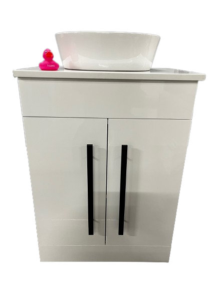 Lilibeth 600mm 2 Door Bathroom Vanity Unit, Marble Counter Work Top & White Gloss Bowl - Chrome or Black Handles