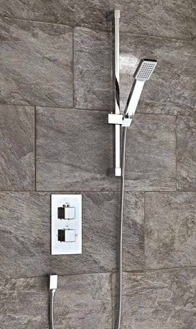 Chrome or Black - Square Concealed Thermostatic Shower Set 1 - Twin Valve - Riser Kit - Outlet Elbow